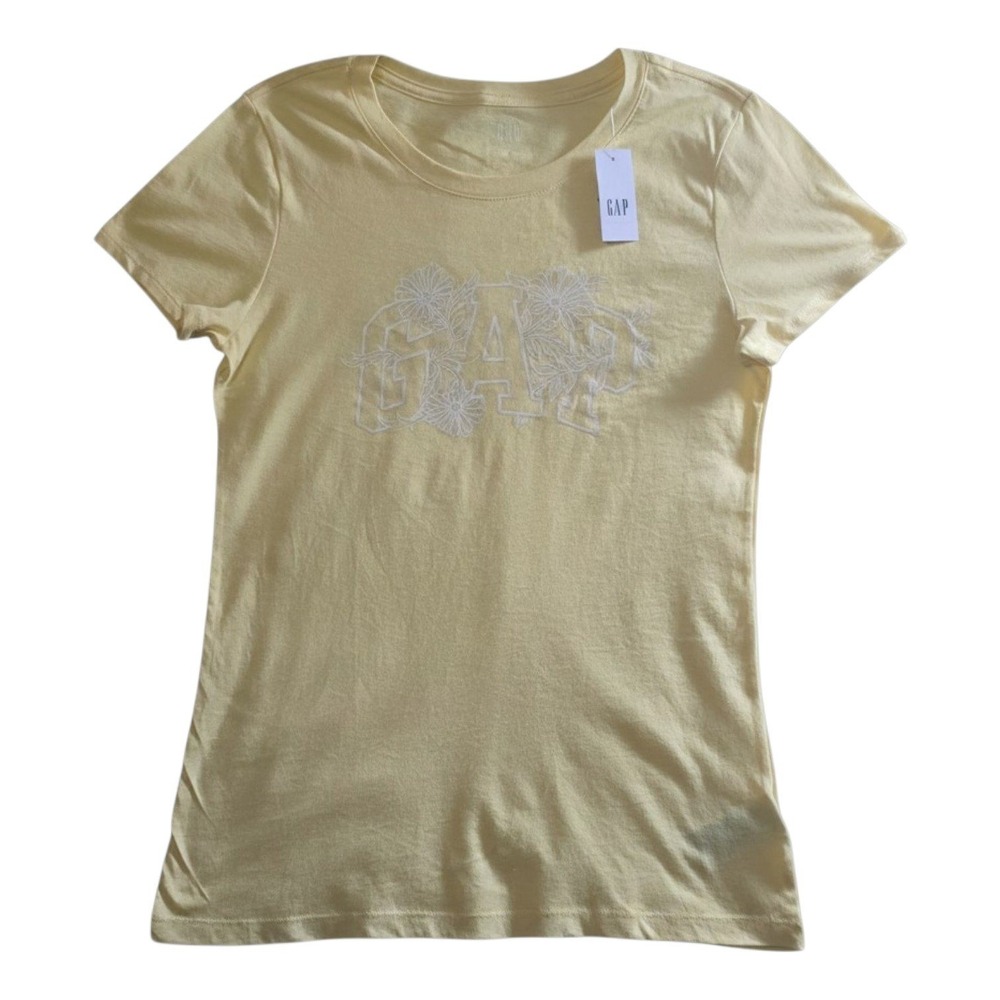 Gap Womens Floral Logo Graphic‎ T-Shirt Yellow Short Sleeve Crew Neck S